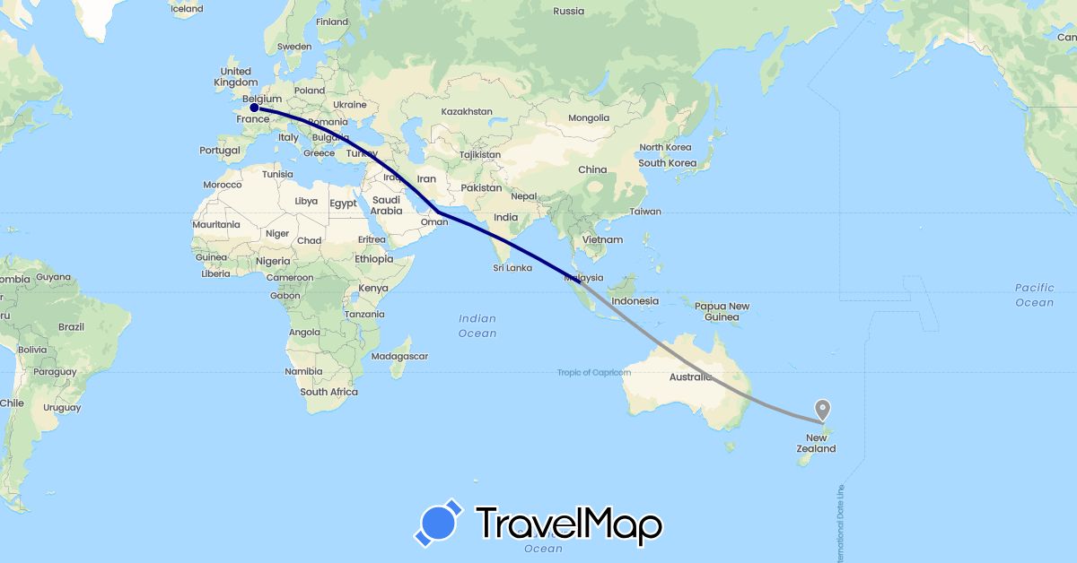 TravelMap itinerary: driving, plane in France, Malaysia, New Zealand, Oman (Asia, Europe, Oceania)
