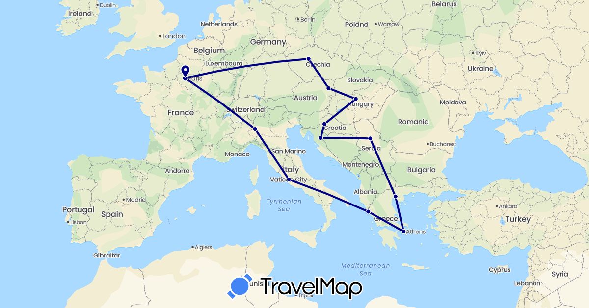 TravelMap itinerary: driving in Austria, Czech Republic, France, Greece, Croatia, Hungary, Italy, Serbia (Europe)